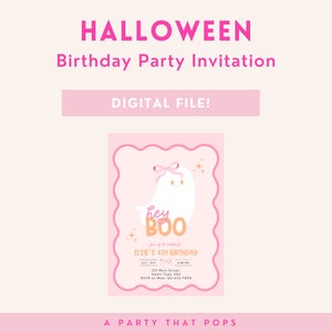 Rosa Halloween-födelsedagsinbjudan, Coquette Spökfest, Hej Buu, vår lilla Buu fyller två, flickig Halloween-inbjudan. Spökdekor bild 2