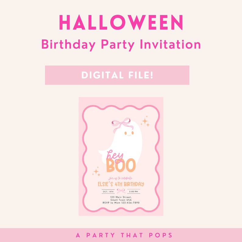 Rosa Halloween-födelsedagsinbjudan, Coquette Spökfest, Hej Buu, vår lilla Buu fyller två, flickig Halloween-inbjudan. Spökdekor bild 2