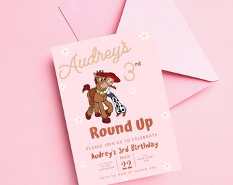 May include: A pink birthday invitation with a cartoon image of Woody and Jessie from Toy Story. The invitation says "Audrey's 3rd Round Up" and includes details for the party, including the date, time, and RSVP information.