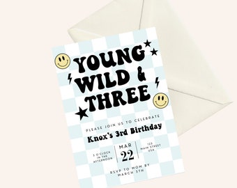 Young Wild and Three 3rd Birthday Invitation: Smiley Face (Digital Download)