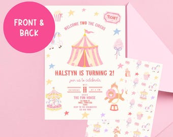 Circus Birthday Invite, Girly Carnival Invitation, Pastel Circus Party, Come One Come All, Welcome Two The Circus Editable Invitation, Canva