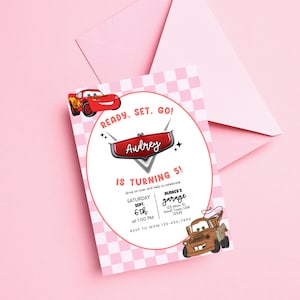 May include: A pink and white checkered invitation with a red car and a brown truck. The invitation says "Ready, Set, Go! Audrey is turning 5!" and includes details for a birthday party.