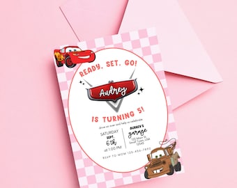 Girly Cars Birthday Invitation: Pink Lightning McQueen, Race Car (Digital Download)