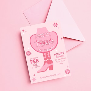 First Rodeo Birthday Invitation, Disco Cowgirl Invite, Birthday Invitation For A Girl, Cowgirl Party, Lets Go Girls Invite, Saddle Up, Canva