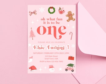Christmas First Birthday Invitation: Pink Holiday Party (Editable Canva Template)