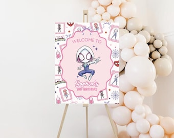 Girly Spiderman Birthday Welcome Sign, Pink Spiderman Party Decor, Spiderman Party Decor for A Girl,  Ghost Spider, Superhero, Coquette