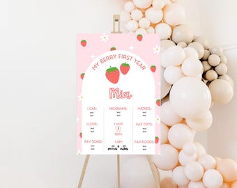 Berry First Birthday Milestone Board, Strawberry Party Decor, Girl's 1st Birthday, Berry Party Decor, Welcome Sign For Girls Birthday