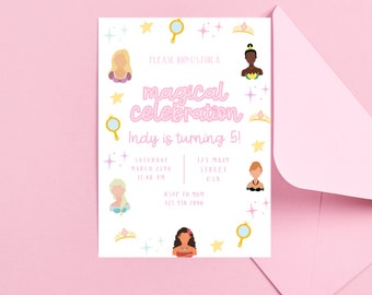 Prinzessin Geburtstagseinladung, Es war einmal, Prinzessin Royal Geburtstag Rosa Magische Feier Vorlage Bearbeitbar Mädchen Geburtstag Einladen