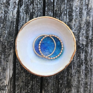 Tiny Ring Dish || Simple Handmade Ceramic Ring Bowl || White Ceramic Ring Dish with Gold Rim Detail and Blue Glass || Engagement Ring Dish