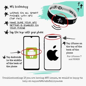 May include: A black and white wristband with the text "W. J. D." and a cross symbol. The wristband is compatible with NFC technology and can be used with smartphones to make contactless payments. Instructions are provided for using the wristband with both Android and iPhone devices.