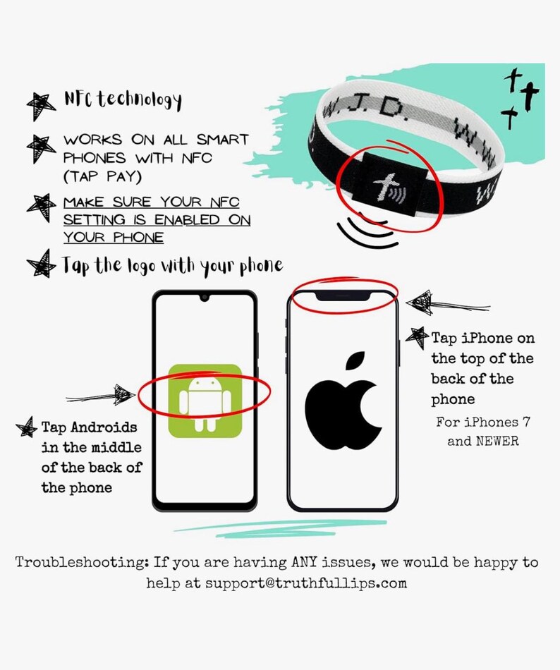 May include: A black and white wristband with the text "W. J. D." and a cross symbol. The wristband is compatible with NFC technology and can be used with smartphones to make contactless payments. Instructions are provided for using the wristband with both Android and iPhone devices.