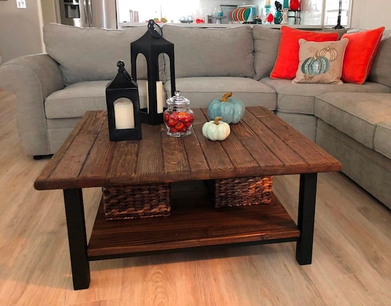 Industrial Farmhouse Coffee Table Rustic Solid Wood and Steel