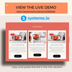 Pode incluir: Captura de tela de uma p&aacute;gina da web com o logotipo Systeme.io e o texto "Nossos Servi&ccedil;os". Tr&ecirc;s pacotes de consultoria s&atilde;o apresentados: B&aacute;sico, Intermedi&aacute;rio e Avan&ccedil;ado. Cada um mostra um laptop, flores e descri&ccedil;&otilde;es de texto. O banner superior diz "VEJA A DEMO AO VIVO."