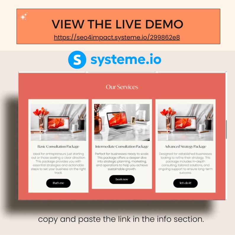 Pode incluir: Captura de tela de uma p&aacute;gina da web com o logotipo Systeme.io e o texto "Nossos Servi&ccedil;os". Tr&ecirc;s pacotes de consultoria s&atilde;o apresentados: B&aacute;sico, Intermedi&aacute;rio e Avan&ccedil;ado. Cada um mostra um laptop, flores e descri&ccedil;&otilde;es de texto. O banner superior diz "VEJA A DEMO AO VIVO."