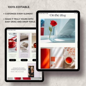 Pode incluir: Dois tablets pretos exibindo um layout de blog com o texto "On the Blog". Um tablet mostra uma rosa vermelha em um vaso. O outro tablet mostra o texto "100% EDIT&Aacute;VEL" e "PERSONALIZE CADA ELEMENTO."