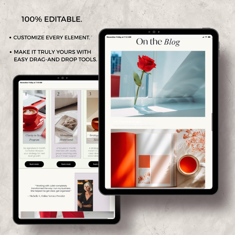 Pode incluir: Dois tablets pretos exibindo um layout de blog com o texto "On the Blog". Um tablet mostra uma rosa vermelha em um vaso. O outro tablet mostra o texto "100% EDIT&Aacute;VEL" e "PERSONALIZE CADA ELEMENTO."