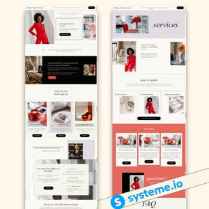 Pode incluir: Duas maquetes de sites para um coach de neg&oacute;cios. A primeira maquete apresenta uma mulher de fato vermelho. A segunda maquete exibe a palavra "servi&ccedil;os" e inclui imagens de um fato vermelho e um laptop. O site inclui o texto "systeme.io".
