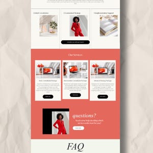 Pode incluir: Layout de p&aacute;gina web com se&ccedil;&otilde;es para consulta inicial, estrat&eacute;gia personalizada e suporte de implementa&ccedil;&atilde;o. O design utiliza um esquema de cores vermelho e branco com imagens de uma pessoa de fato vermelho e um laptop. O texto "Nossos servi&ccedil;os" e "FAQ" est&aacute; inclu&iacute;do.