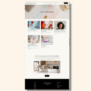 Pode incluir: Captura de tela de um site com o texto "new on the Blog" e pr&eacute;vias de artigos. O site tem um design minimalista com uma paleta de cores claras. Uma se&ccedil;&atilde;o promove um brinde gratuito.
