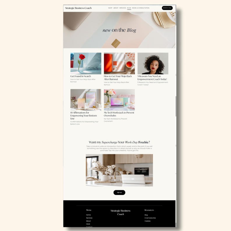 Pode incluir: Captura de tela de um site com o texto "new on the Blog" e pr&eacute;vias de artigos. O site tem um design minimalista com uma paleta de cores claras. Uma se&ccedil;&atilde;o promove um brinde gratuito.