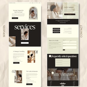 Può includere: Design di sito web a due pagine con una palette di colori neutri. La pagina sinistra evidenzia i servizi con sezioni per la consulenza e i programmi intensivi. La pagina destra presenta un modulo di contatto e una sezione FAQ. Il sito web include immagini di una donna.