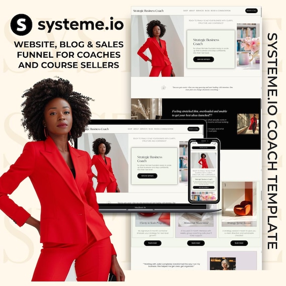 Systeme.io Template Website Blog and Sales Funnel Bundle : Bold Red Business Coach Template — Strategic, Modern & Fully Editable Design