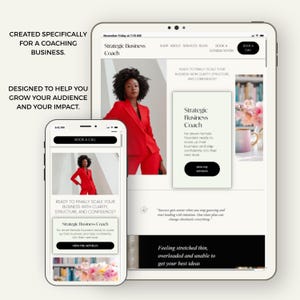 Pode incluir: Maquete digital de um site e aplicativo m&oacute;vel para um coach de neg&oacute;cios. O site em um tablet e o aplicativo em um telefone exibem o texto "Strategic Business Coach" e "Book a Call". O aplicativo e o site apresentam uma mulher de terno vermelho.