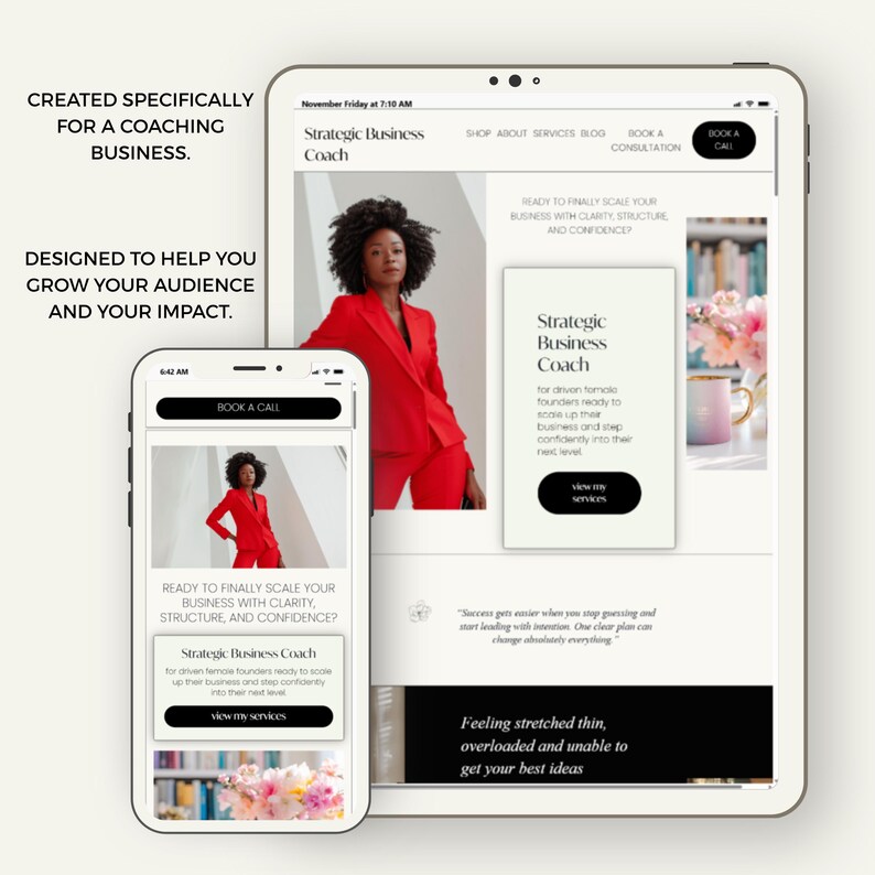Pode incluir: Maquete digital de um site e aplicativo m&oacute;vel para um coach de neg&oacute;cios. O site em um tablet e o aplicativo em um telefone exibem o texto "Strategic Business Coach" e "Book a Call". O aplicativo e o site apresentam uma mulher de terno vermelho.