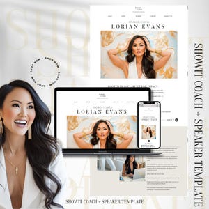 Puede incluir: Imagen promocional con una mujer de cabello oscuro y blazer blanco, junto con maquetas digitales de un sitio web y teléfono que muestran "LORIAN EVANS, SPEAKER | COACH". También se ve el texto "SHOWIT COACH + SPEAKER TEMPLATE".
