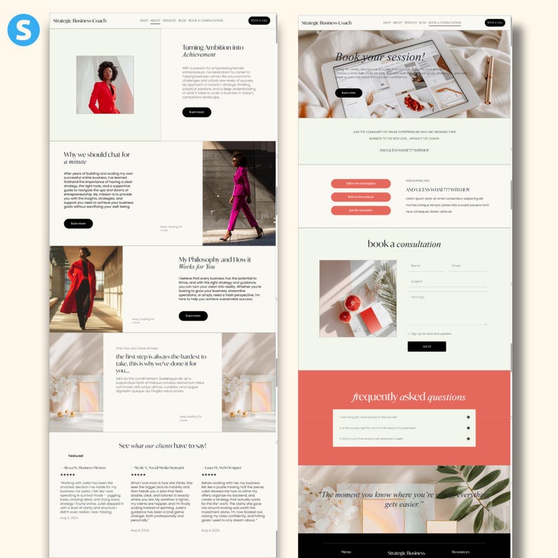 Pode incluir: Design do site para um coach de neg&oacute;cios estrat&eacute;gico. O site apresenta um layout limpo com se&ccedil;&otilde;es para servi&ccedil;os, depoimentos e um formul&aacute;rio de consulta. O esquema de cores inclui detalhes em branco, preto e coral.
