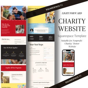 以下が含まれることがあります： チャリティーウェブサイト用のSquarespace 7.1テンプレート。デザインは、プログラム、コミュニティサポート、携帯電話のモックアップのセクションを備えた赤と白の配色が特徴です。「Real People. Real Progress.」というテキストが含まれています。