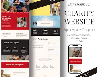 May include: A Squarespace 7.1 template for a charity website. The design features a red and white color scheme with sections for programs, community support, and a mobile phone mockup. Text includes "Real People. Real Progress."