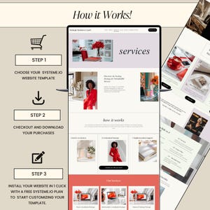 Pode incluir: Um design de site exibido em um tablet e um telefone, mostrando os servi&ccedil;os de um coach de neg&oacute;cios. O design inclui etapas para sele&ccedil;&atilde;o de modelo de site, checkout e instala&ccedil;&atilde;o. O esquema de cores &eacute; principalmente branco, coral e preto.
