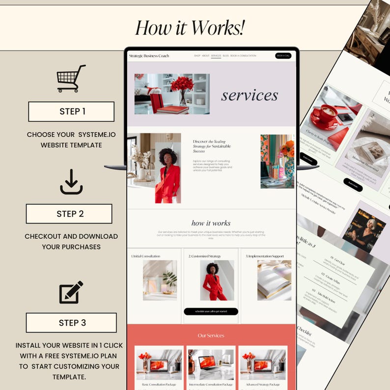 Pode incluir: Um design de site exibido em um tablet e um telefone, mostrando os servi&ccedil;os de um coach de neg&oacute;cios. O design inclui etapas para sele&ccedil;&atilde;o de modelo de site, checkout e instala&ccedil;&atilde;o. O esquema de cores &eacute; principalmente branco, coral e preto.