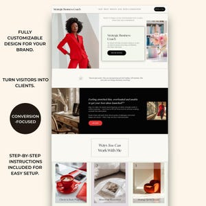 Pode incluir: Um design de site com uma mulher de fato vermelho e o texto "Strategic Business Coach". O design inclui se&ccedil;&otilde;es com texto, imagens e chamadas para a&ccedil;&atilde;o, promovendo um design personaliz&aacute;vel para marcas e conte&uacute;do focado em convers&atilde;o.