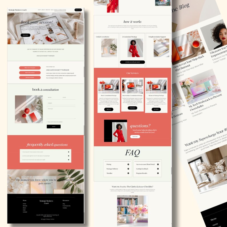 Pode incluir: Layout de design de site web para um coach de neg&oacute;cios, usando um esquema de cores branco, coral e preto. O site inclui se&ccedil;&otilde;es para agendar sess&otilde;es, consultas e perguntas frequentes. O texto inclui "Book your session!" e "FAQ".