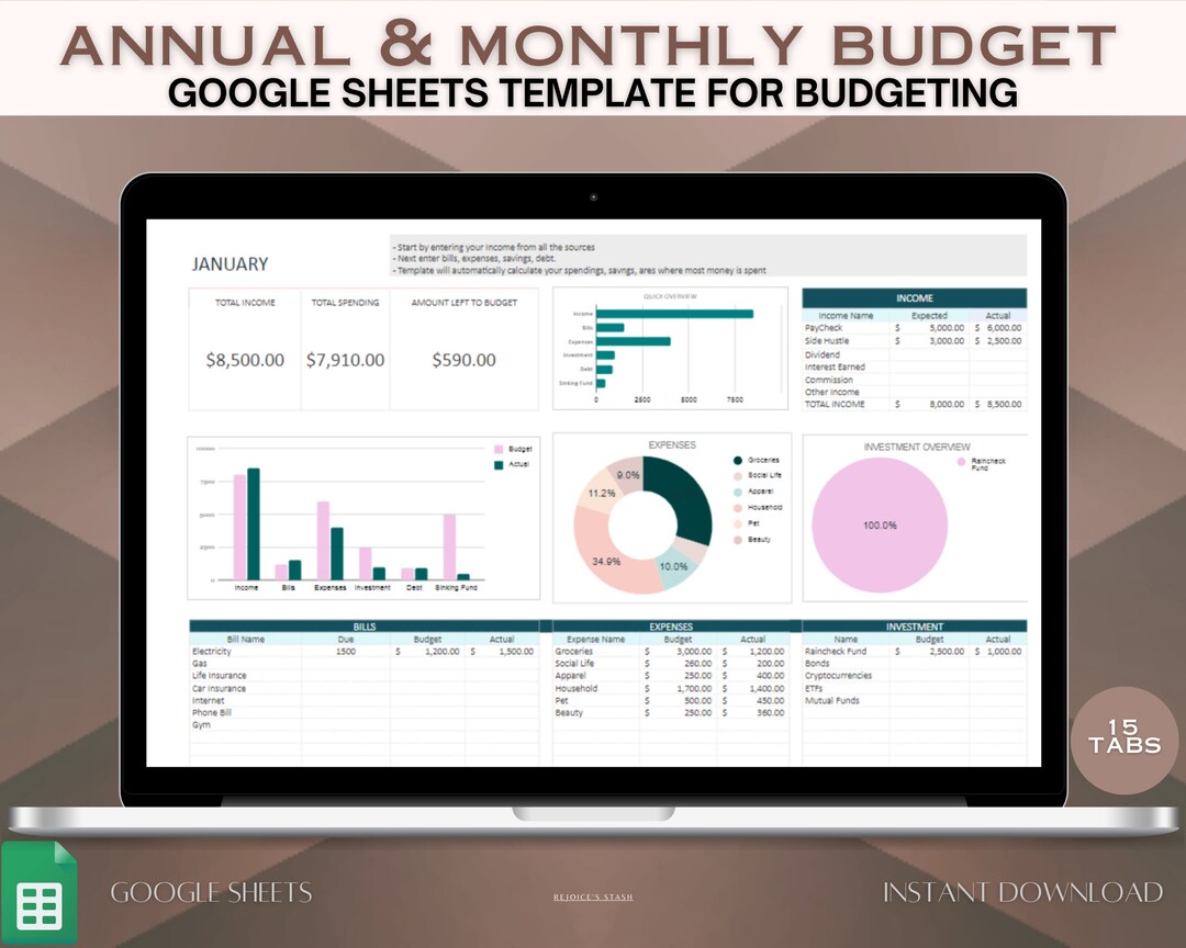 Pay Check Budget Google Sheets Mint. Monthly and Yearly Budget Sheet