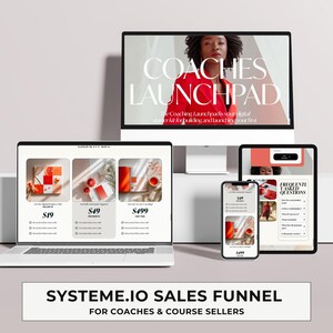 Plantilla de coach de embudo de ventas de Systeme.io: paquete de cursos en línea, imán de clientes potenciales, página de ventas y formulario de pedido - Diseño moderno en rojo llamativo y totalmente editable