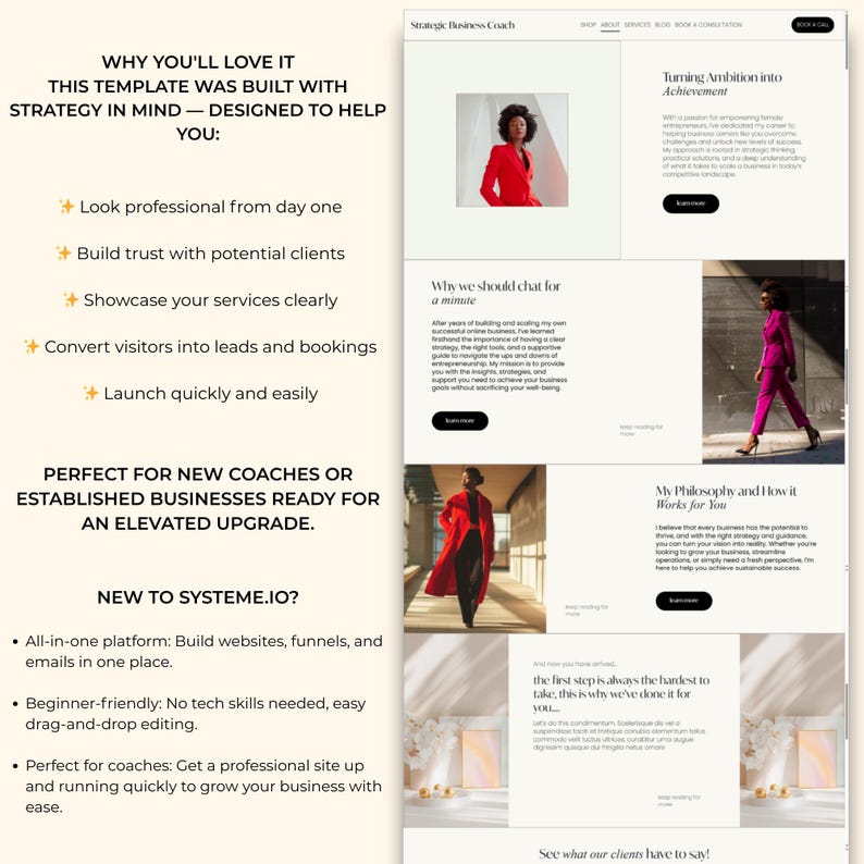 Pode incluir: Um modelo de site com um design limpo e moderno. A p&aacute;gina apresenta texto, imagens de mulheres em trajes de neg&oacute;cios e se&ccedil;&otilde;es destacando os principais benef&iacute;cios. O texto inclui "Por que voc&ecirc; vai adorar" e "Novo no Systeme.io?"