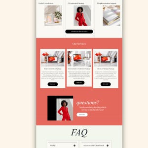 Pode incluir: Um layout de p&aacute;gina web que apresenta servi&ccedil;os empresariais, com se&ccedil;&otilde;es para consulta, estrat&eacute;gia e suporte. O design utiliza um esquema de cores coral e creme, com imagens de uma mulher de fato vermelho e laptops. O texto inclui "Nossos Servi&ccedil;os" e "FAQ".