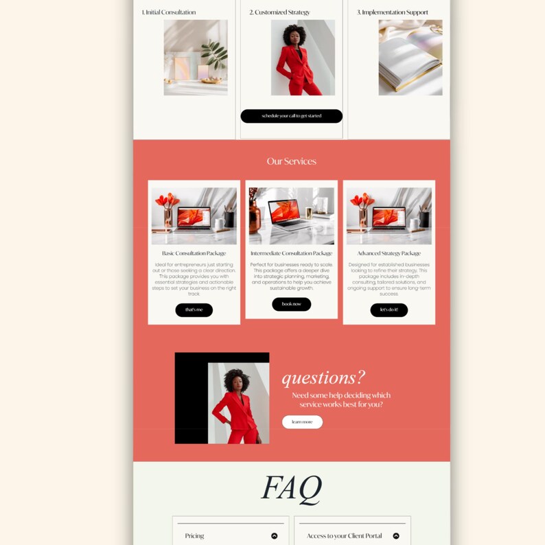 Pode incluir: Um layout de p&aacute;gina web que apresenta servi&ccedil;os empresariais, com se&ccedil;&otilde;es para consulta, estrat&eacute;gia e suporte. O design utiliza um esquema de cores coral e creme, com imagens de uma mulher de fato vermelho e laptops. O texto inclui "Nossos Servi&ccedil;os" e "FAQ".