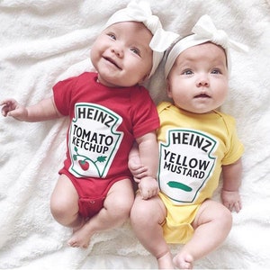 Cute Twins Costume, Twins Halloween Costume Ketchup and Mustard, Licensed Heinz Newborn Twins Baby Gift, Matching Twins Outfits Boy Girl image 1