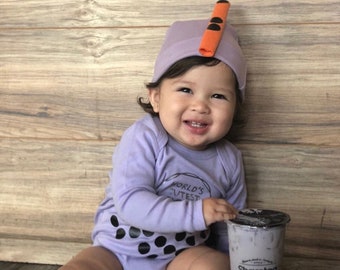 Bubble Tea Baby Halloween Costume Set, Halloween Baby Shirt and Hat, Boba Tea Baby Milestone Photo Prop bodysuit with Hat, Newborn Baby Gift