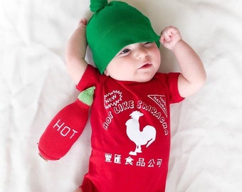 Licensed Sriracha Baby Costume, Sriracha Baby Outfit with Adjustable Hat, Sriracha Baby Shower Gift, Sriracha Baby Christmas Gift