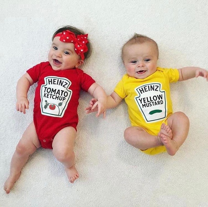 Cute Twins Costume, Twins Halloween Costume Ketchup and Mustard, Licensed Heinz Newborn Twins Baby Gift, Matching Twins Outfits Boy Girl image 2