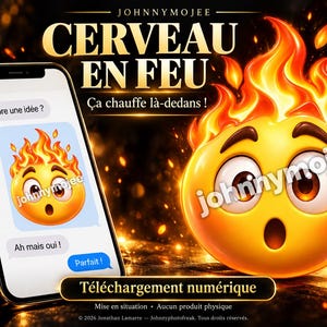 May include: A smartphone displaying a chat interface with a flaming emoji, alongside a large, glowing, fire-headed emoji. Text includes "JOHNNYMOJEE", "CERVEAU EN FEU", "Ça chauffe là-dedans !", "Encore une idée ?", "Ah mais oui !", "Parfait !", and "Téléchargement numérique".