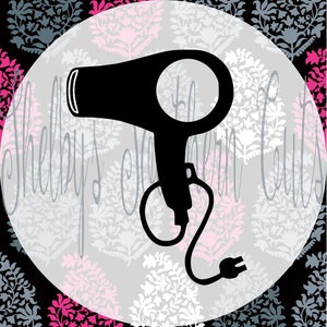 May include: A black silhouette of a hairdryer with a cord and plug against a white and grey floral background.