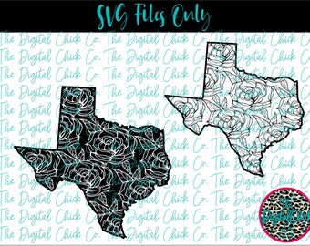 May include: Two black and white outline images of the state of Texas, each filled with a floral pattern. The floral pattern is made up of roses.