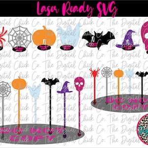 Halloween Bundle Drink Tag Pincher Clip, Swizzle Stick & Charcuterie Pokers SVG, Laser Ready, Witch Hat, Pumpkin, Bat, Ghost, Spider,