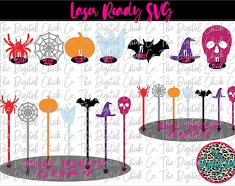Halloween Bundle Drink Tag Pincher Clip, Swizzle Stick & Charcuterie Pokers SVG, Laser Ready, Witch Hat, Pumpkin, Bat, Ghost, Spider,